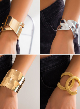 欧美跨境饰品 时尚设计感金属光面手镯 个性镂空几何交叉开口手环