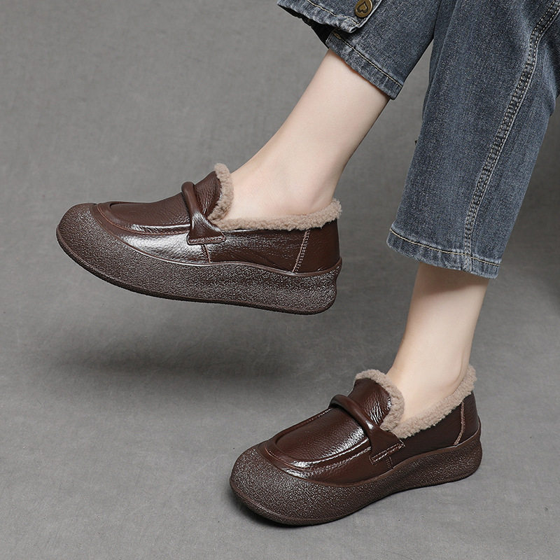 头层牛皮加绒乐福鞋松糕厚底真皮棉鞋时尚百搭冬款保暖防滑妈妈鞋