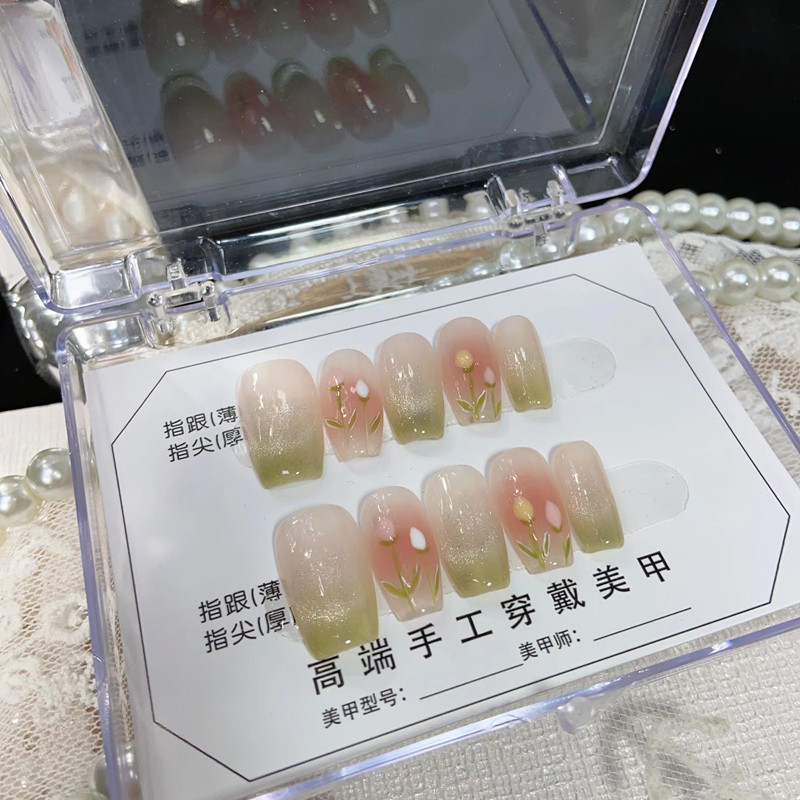 【彼岸生花】纯手工穿戴甲短梯可拆卸手绘郁金香猫眼腮红手工美甲