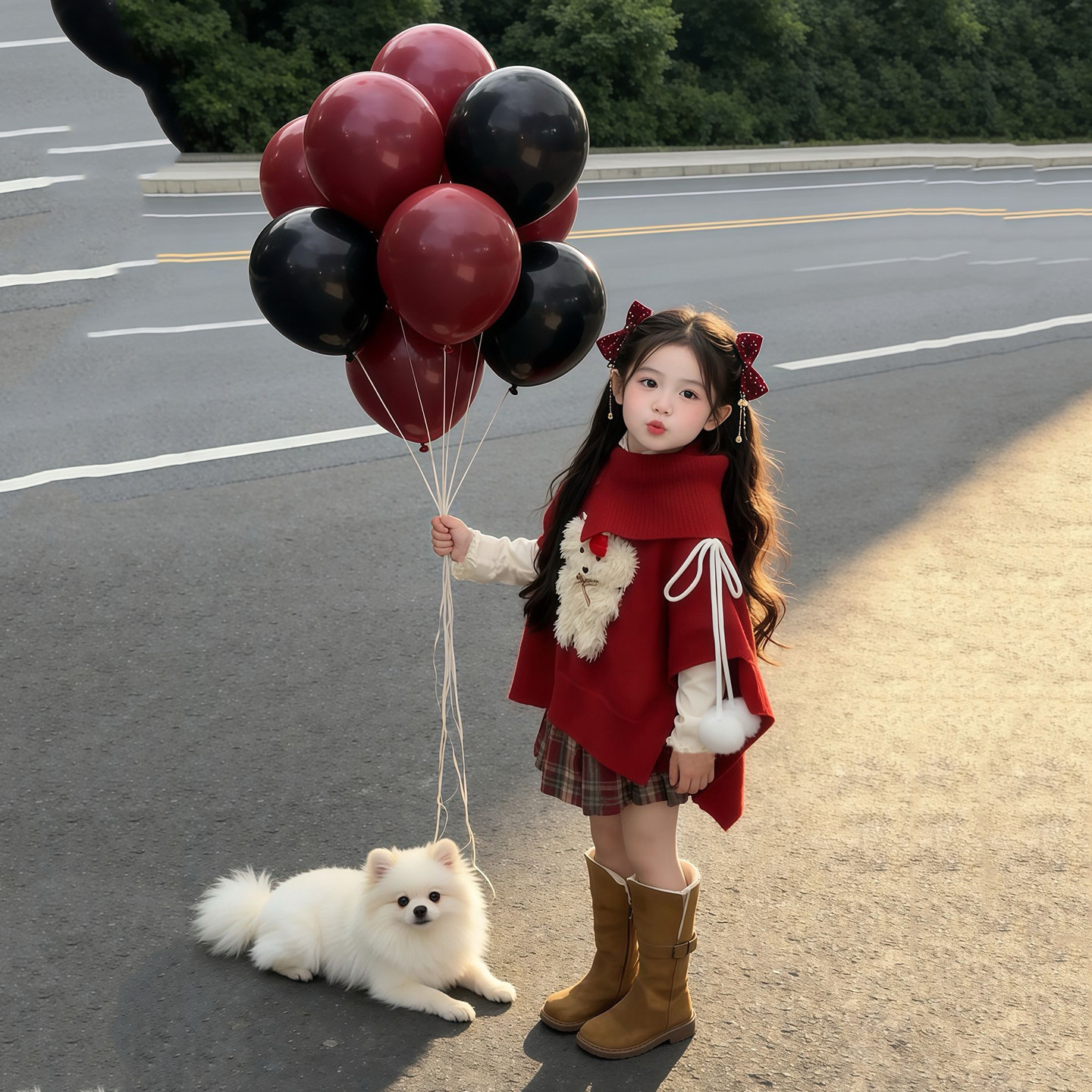 女童拜年服2025新款本命年红色斗篷毛衣格子裙女孩洋气新年针织衫，童装休闲套装，祺妙童装