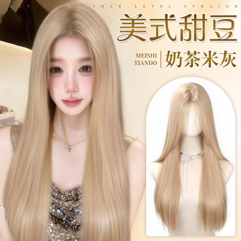 【美式甜豆】气质假发全头套女灰金小额蕾丝手织中分长直发假发套