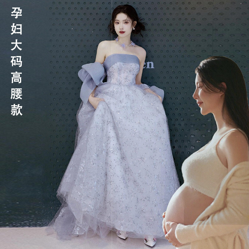 法式抹胸敬酒服大码胖mm蓝色订婚连衣裙成人礼生日宴会主持晚礼服