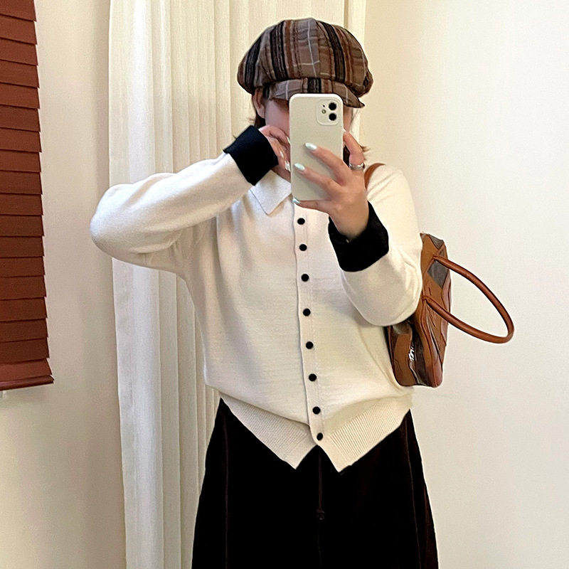 乃粒25290大码polo领撞色针织开衫2026冬胖mm休闲通勤毛衣女上衣