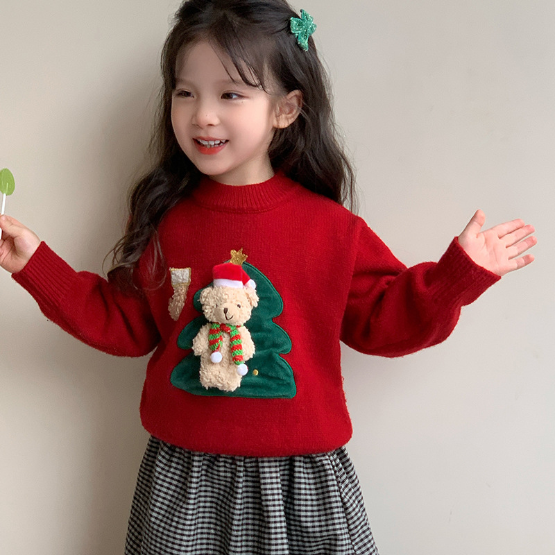 女童圣诞毛衣秋冬2025新款洋气时髦儿童红色上衣加厚冬装内搭P69，童装毛衣，祺妙童装