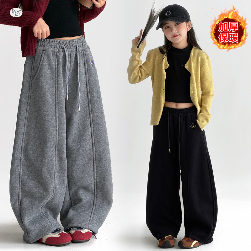 女童2025冬季新款幸运四叶花刺绣加绒休闲裤女孩小清新拼接阔腿裤，童装裤子，祺儿童装