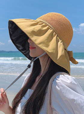 黑胶沙滩帽遮阳帽女夏季镂空草帽紫外线大檐遮脸防晒太阳渔夫帽子