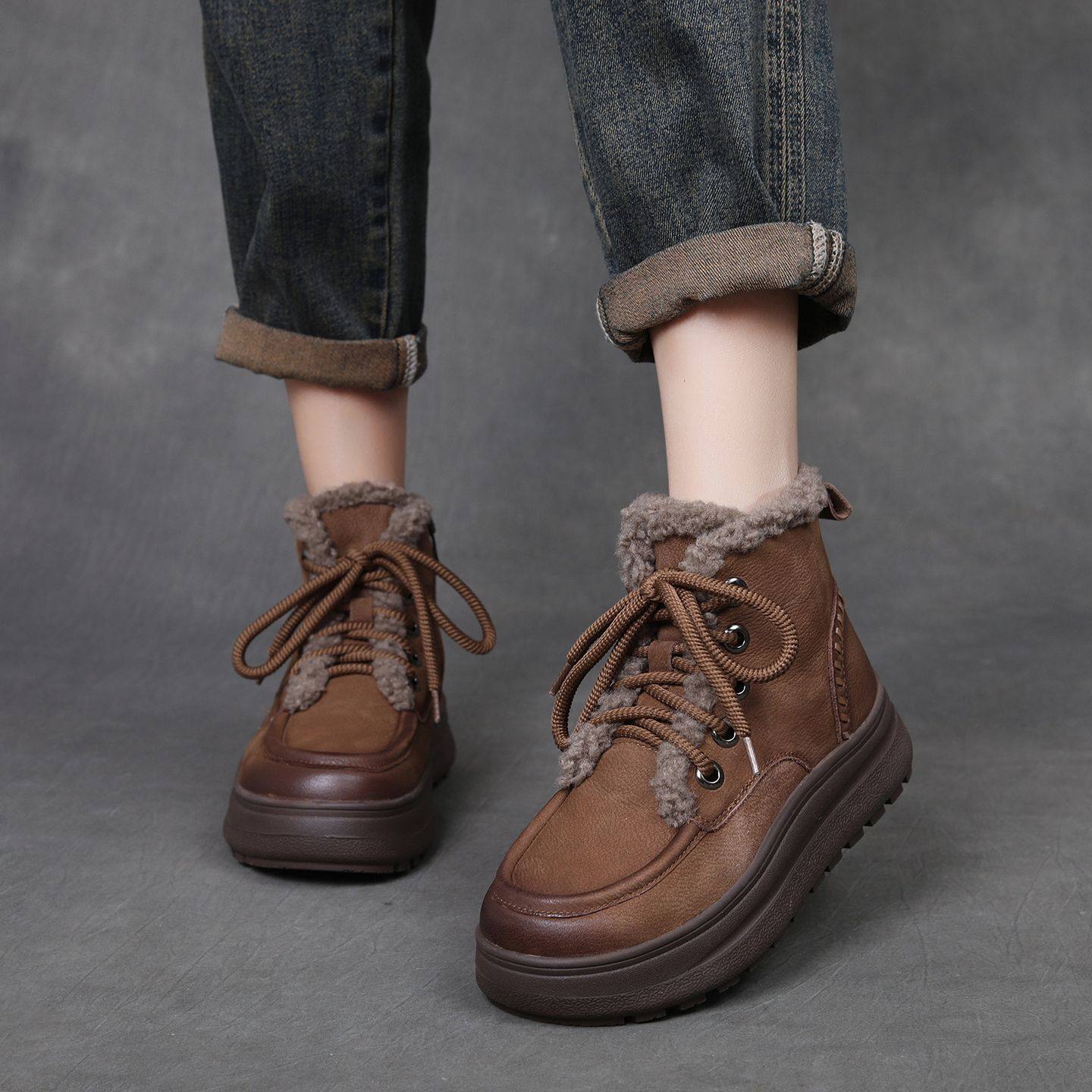 头层牛皮雪地靴女2025冬季新款羊羔毛复古加绒圆头厚底马丁靴短靴