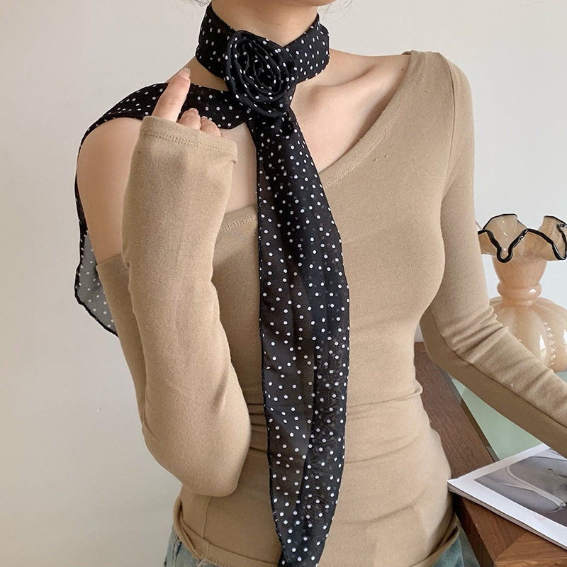 波点立体玫瑰花丝巾女春夏款氛围感小众围巾领巾细窄围脖长条丝巾