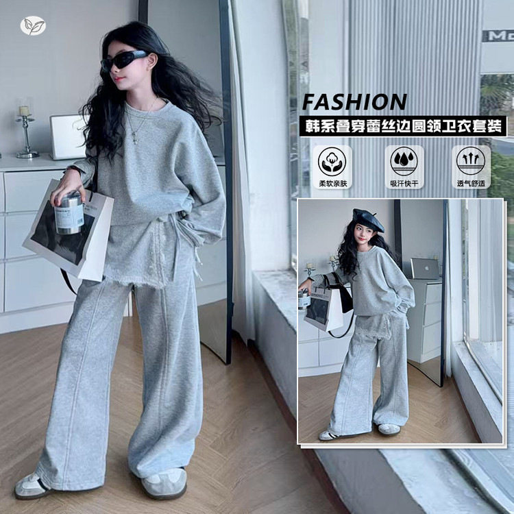 女童卫衣套装2025年儿童春秋装时尚圆领上衣屁帘卫裤中大童三件套，童装休闲套装，祺儿童装