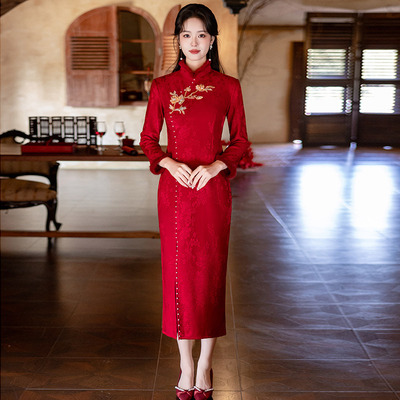 红色国风新中式旗袍2025新款女复古修身收腰新娘敬酒服回门服秋冬