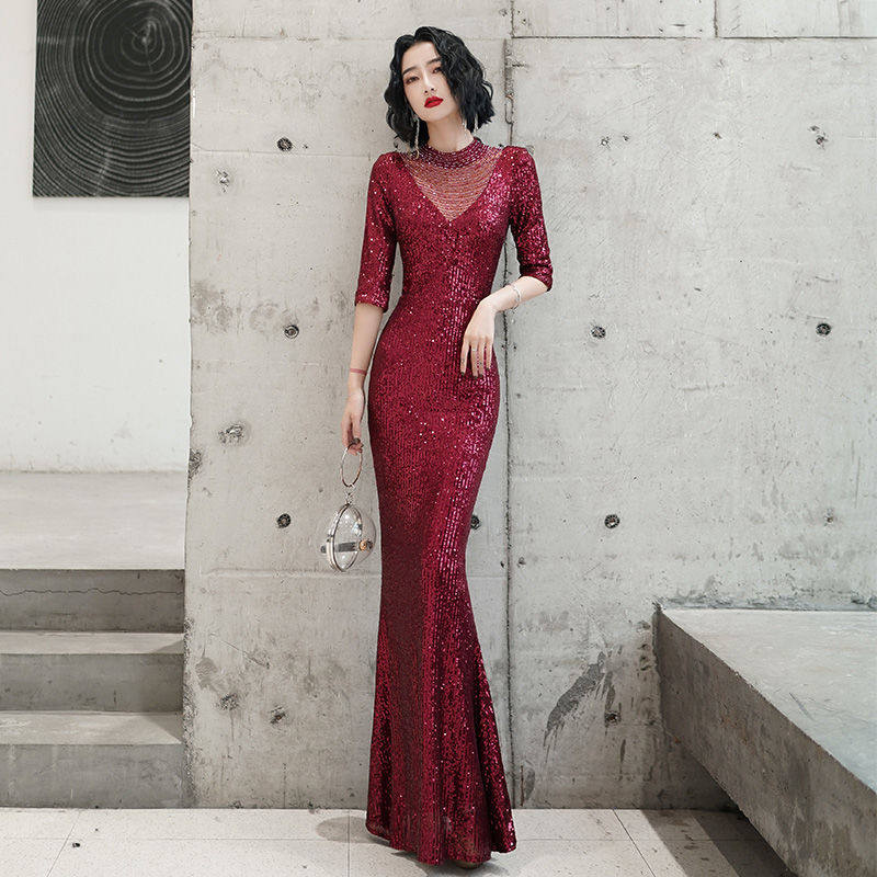 重工设计感晚礼服女高领钉珠亮片坠感秋冬中袖修身鱼尾显瘦连衣裙