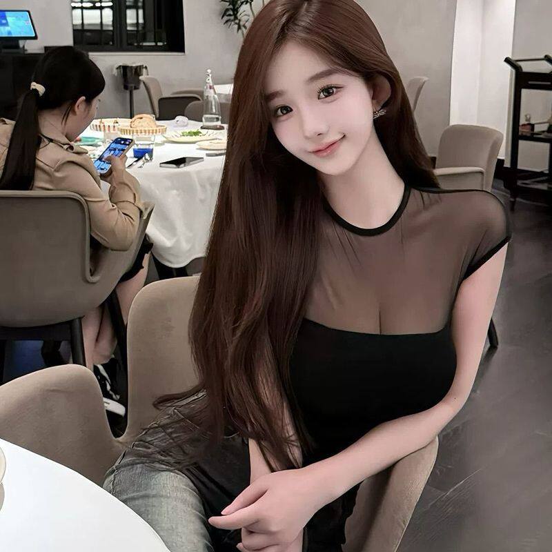 性感辣妹网纱微透黑色短袖T恤女夏季新款修身显瘦短款百搭上衣潮