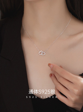 S925银爱心项链女简约设计轻奢小众级感双扣心锁骨链2025年新款