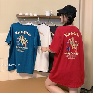 韩版 短袖 女式 中长款 T恤女宽松学生情侣 新款 前美洋正肩印花夏装