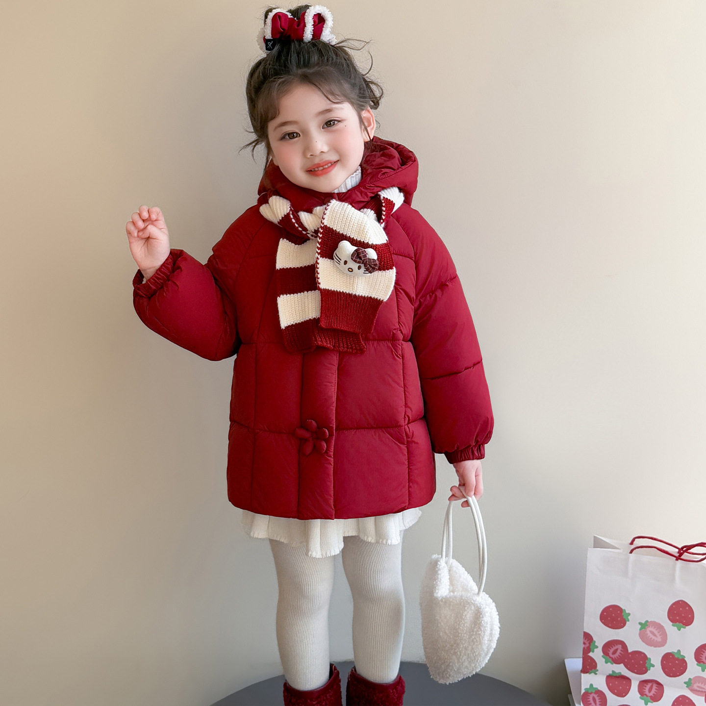 女童加绒保暖棉服冬季2025红儿童洋气加厚冬装时尚外套P118，童装棉衣，祺妙童装