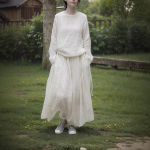 山千念壹 春秋复古文艺旅行风大摆长裙苎麻棉气质系带抬腰连衣裙