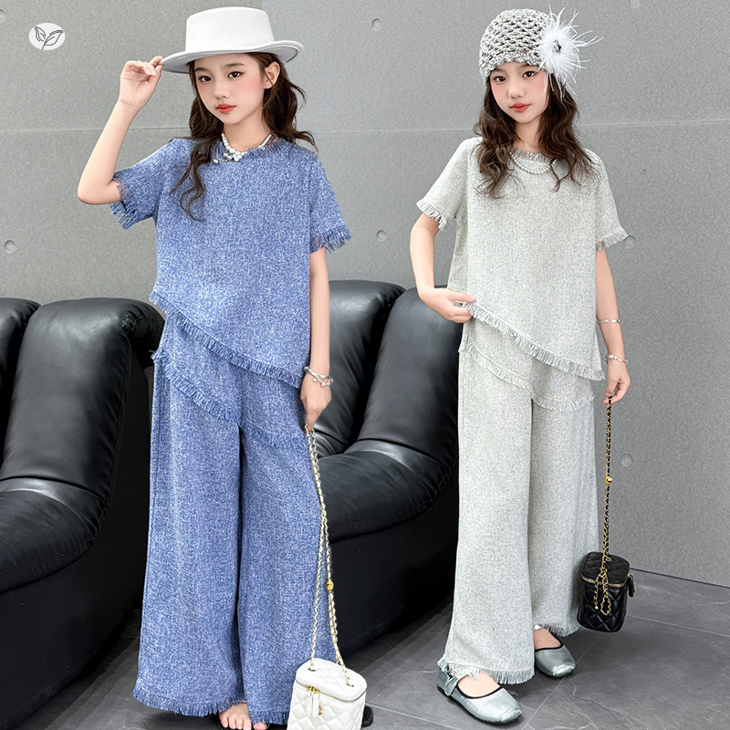 女童韩版流苏套装2025夏季新款不规则上衣阔腿裤两件套中大童洋气，童装休闲套装，祺儿童装