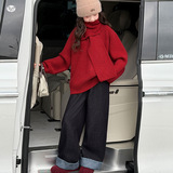 女童加厚毛衣套装2025秋冬新款围巾针织衫阔腿裤两件套中大童年服，童装毛衣，祺儿童装