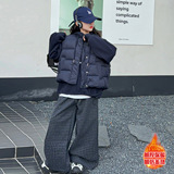 藏青卫衣+藏青马甲+格子裤