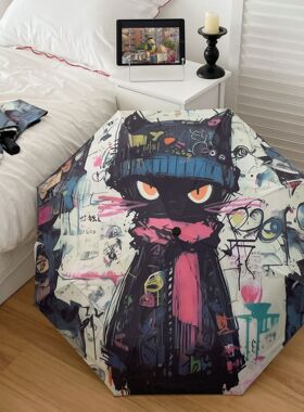 涂鸦潮酷猫咪雨伞紫外线防晒遮阳伞晴雨黑胶太阳伞折叠自动三折伞