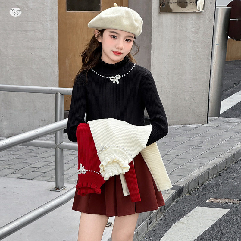 女童2025年秋冬新款公主风泡珠蝴蝶结毛衣女大童韩式学院毛毛上衣，童装毛衣，祺儿童装