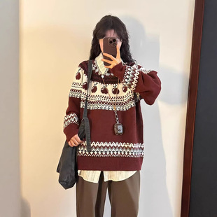 红色提花软糯毛衣女秋冬新款圆领宽松慵懒风氛围感针织衫