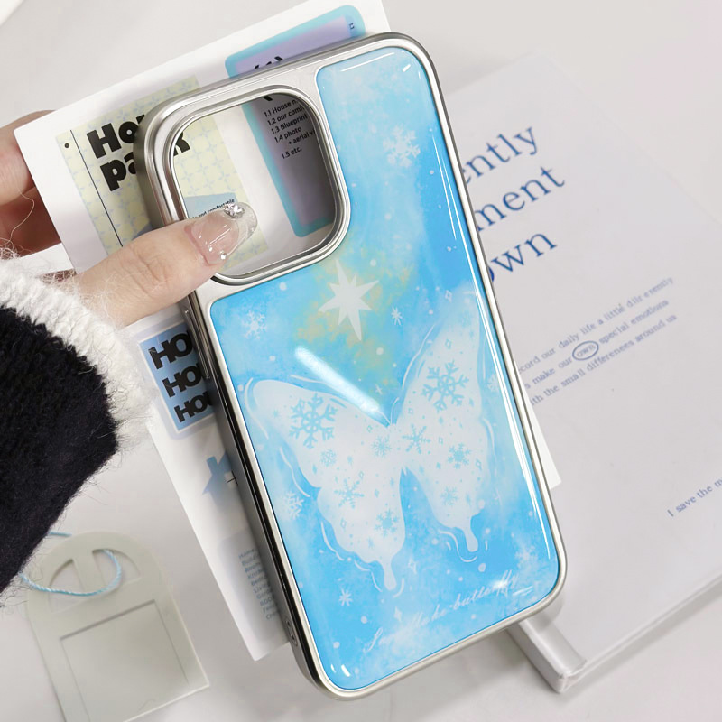 iPhone16pro电镀银边滴胶手机壳15苹果14适用13Promax蓝色蝴蝶图案手机壳