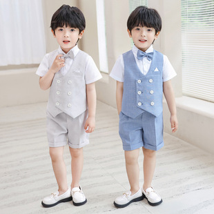 儿童夏装短袖礼服套装2024新款宝宝时尚马甲套装六一表演主持服装