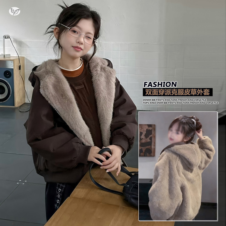 女童加厚外套2025冬季新款韩系双面穿派克服中大童韩系短款夹克衫，童装外套，祺儿童装