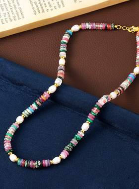 复古彩色多巴胺项链天然石算盘珠串珠级感淡水珍珠锁骨链颈链女