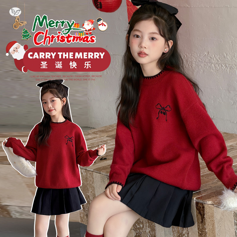 女童毛衣秋冬2025年新款超好看蝴蝶结针织衫中大童新年打底衫上衣，童装毛衣，祺儿童装
