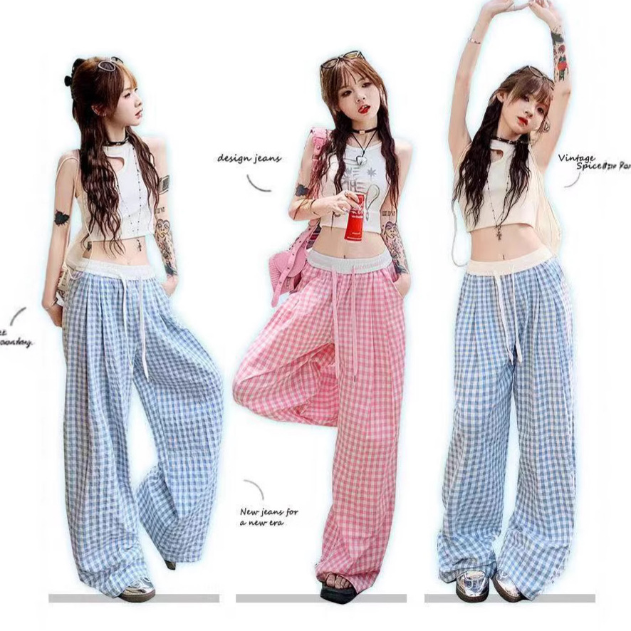 休闲格子松紧腰家居长裤睡裤