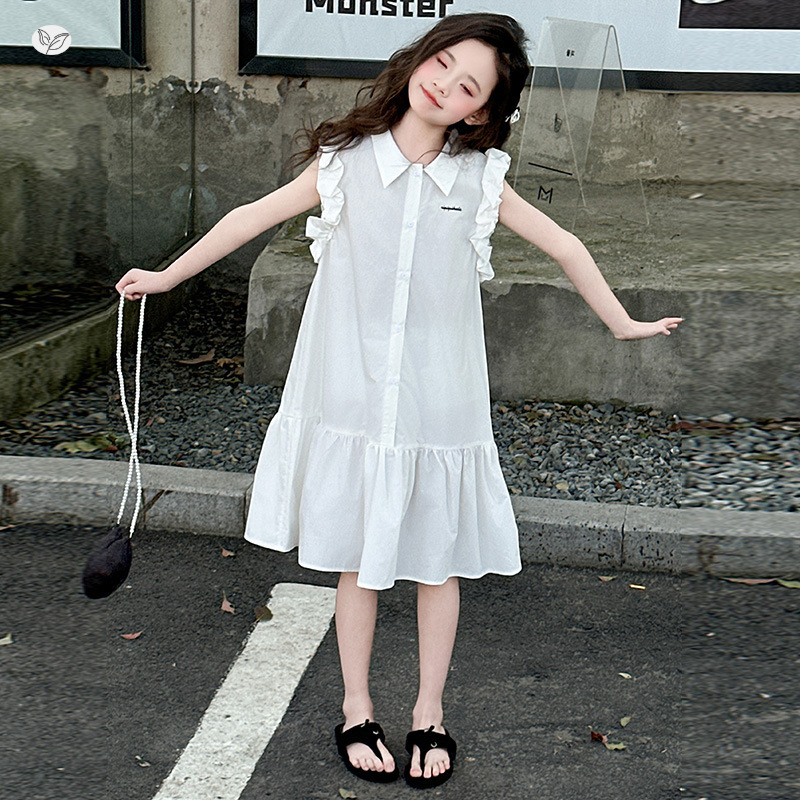 女童夏连衣裙2025新款洋气无袖白色公主裙中大童polo领A字裙休闲，童装连衣裙，祺儿童装