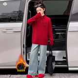 女童加绒毛衣套装2025年秋冬新款半拉链针织衫阔腿裤两件套中大童，童装休闲套装，祺儿童装