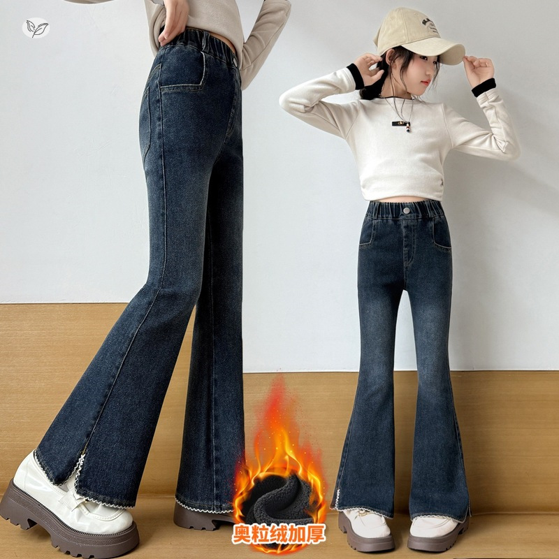 女童微喇裤加绒2025年秋冬新款中大童脚口开叉牛仔裤百搭弹力长裤，童装裤子，祺儿童装