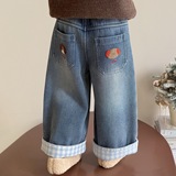 女童加绒裤子秋冬款2025新款儿童冬季一体绒牛仔裤外穿阔腿裤P70，童装裤子，祺妙童装