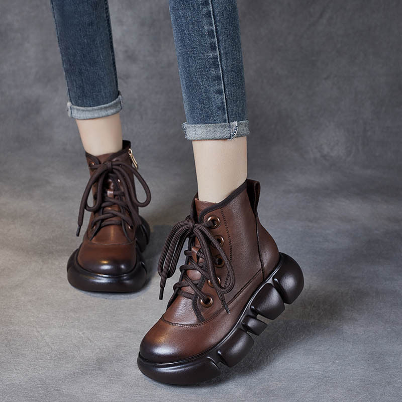 2025秋冬新款头层牛皮厚底坡跟马丁靴复古加绒女短靴休闲棉靴子