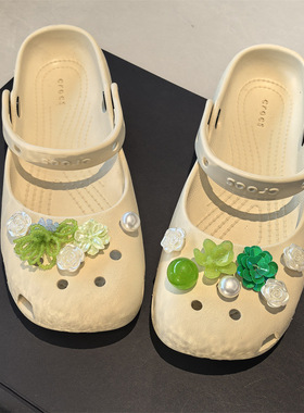 AI LIFE芭蕾舞洞洞鞋配饰鞋花夏日绿色朵亮片珍珠适配Cross/Crocs