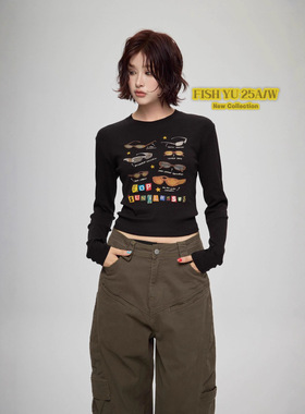 FISHYU 早秋新款美式墨镜字母印花后背小心机绑带设计短款长袖T恤