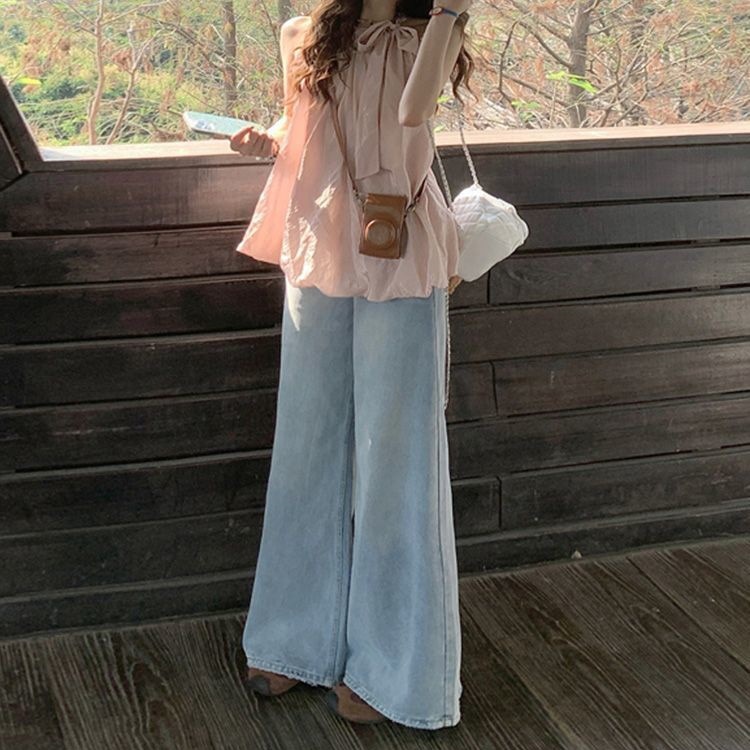 温柔风系带蝴蝶结挂脖背心女2025年夏季时尚肌理花苞下摆无袖上衣