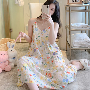 小碎花吊带睡裙女夏天人棉性感薄款 法式 家居服棉绸连衣裙绵绸睡衣