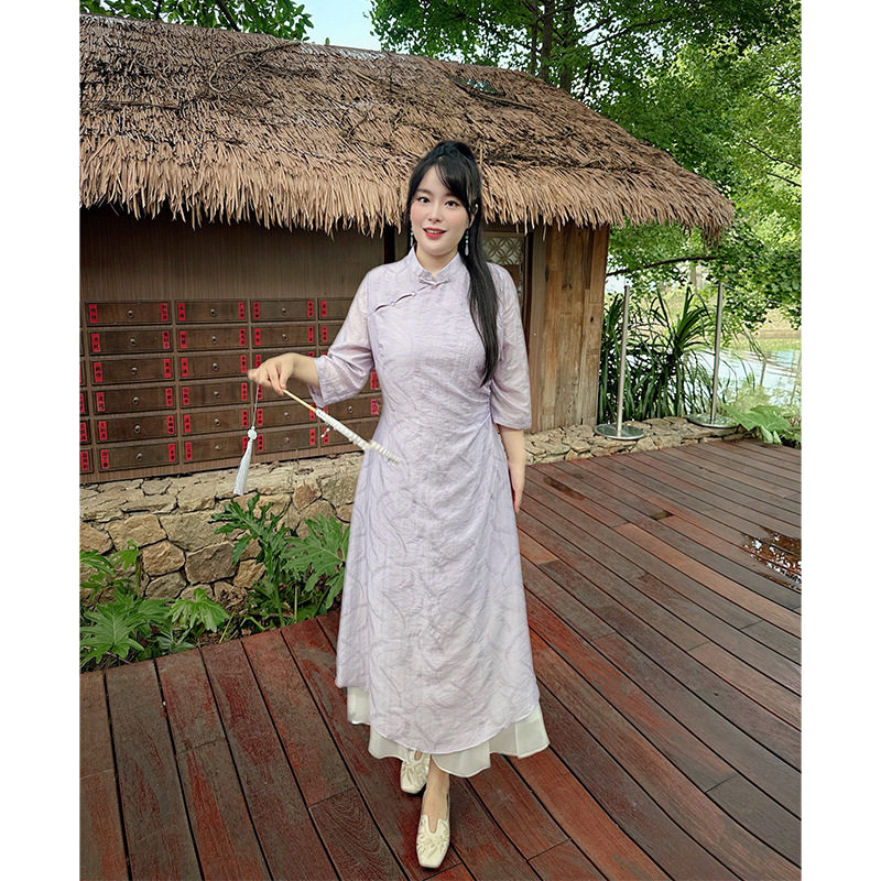 新中式国风干练气质紫色2025秋季新款拼接轻奢高级大码旗袍200斤