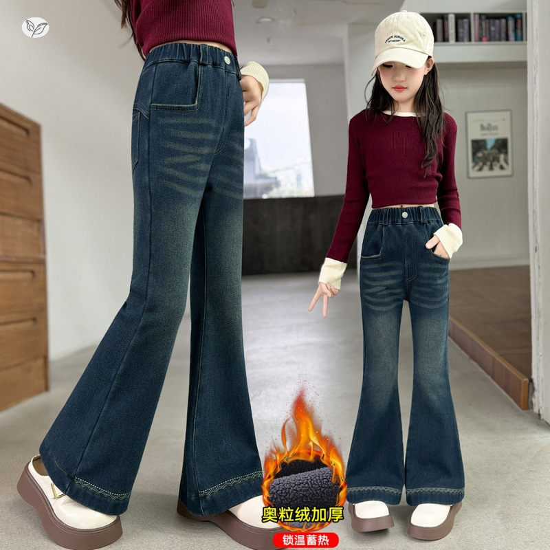 女童微喇裤2025秋冬加绒新款中大童修身牛仔裤脚口绣花弹力喇叭裤，童装裤子，祺儿童装