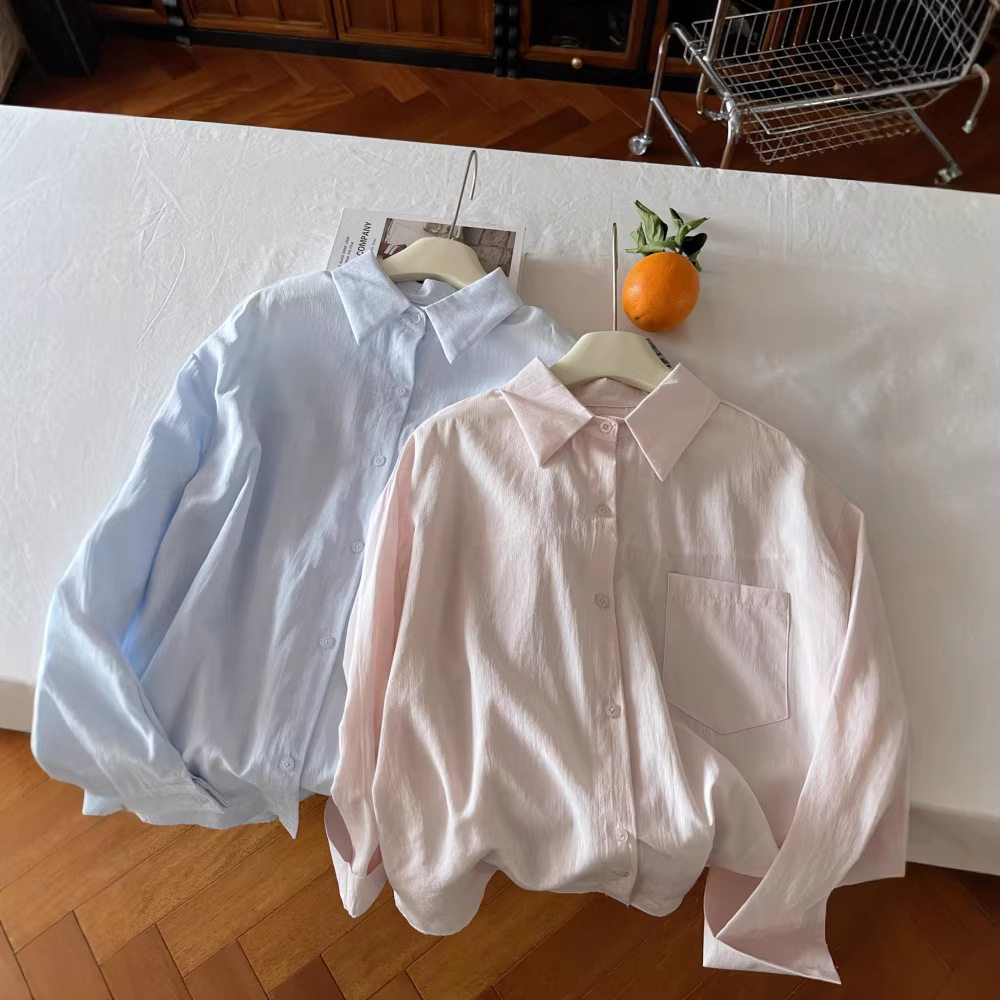 纯色简约翻领衬衫女春夏季2026新款休闲大口袋垂感长袖上衣6912