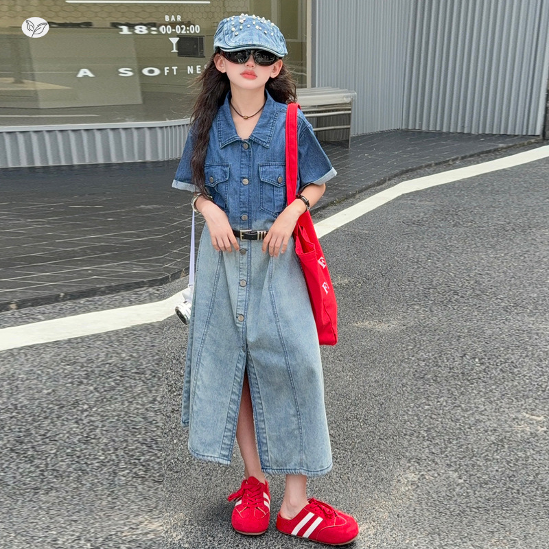 女童夏连衣裙2025新款渐变牛仔长裙中大童polo领衬衫裙轻薄洋气，童装连衣裙，祺儿童装
