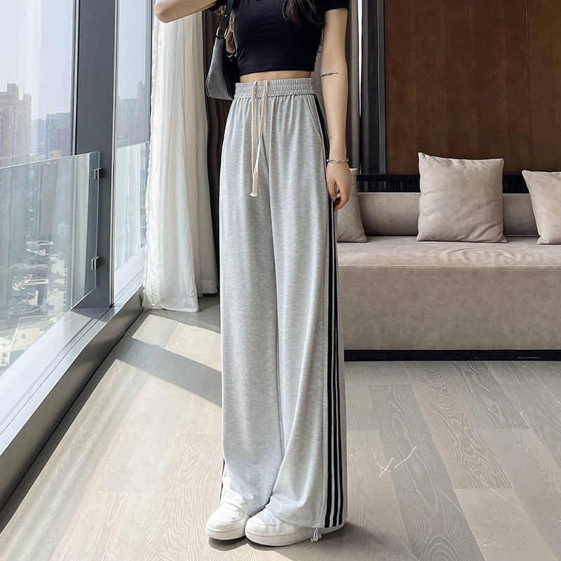 抽绳冰丝阔腿运动裤女2025新款夏天薄款宽松显瘦腰垂感休闲卫裤