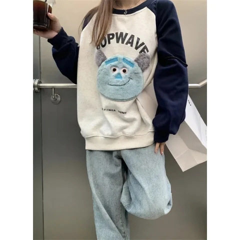韩国东大门时尚印花卡通宽松大码圆领套头插肩袖卫衣女春秋季薄款
