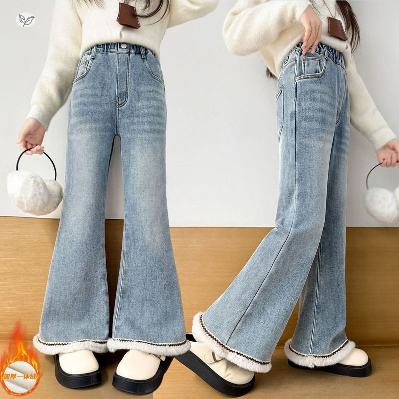女童2025年冬季新款个性脚口毛毛边牛仔裤女大童加绒保暖喇叭裤子，童装裤子，祺儿童装