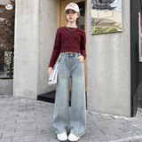 女童2025年冬季新款小樱桃刺绣浅色牛仔裤女大童侧面拼接弯刀长裤，童装裤子，祺儿童装