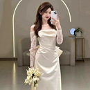 简约晚礼服 礼服级感小众气质修身 法式 缎面一字肩轻婚纱蕾丝长袖